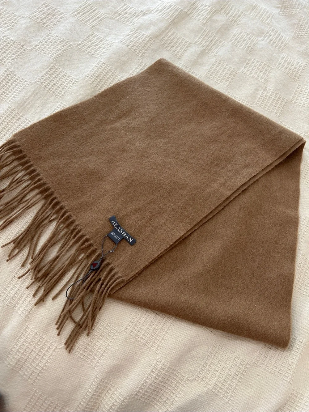 Alashan camel brown scarf made from a blend of merino wool and cashmere